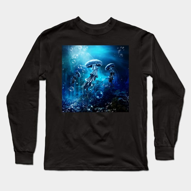 Wonderful jellyfish in the deep ocean Long Sleeve T-Shirt by Nicky2342